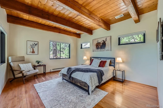 bedroom with beam ceiling, hardwood / wood-style floors, wooden ceiling, a baseboard radiator, and visible vents