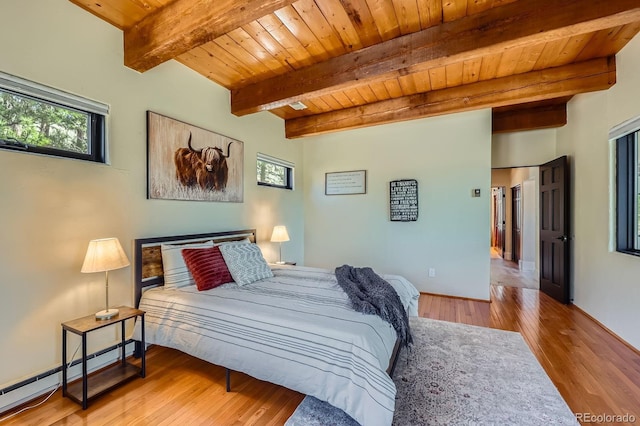 bedroom featuring beamed ceiling, wooden ceiling, baseboard heating, and wood finished floors