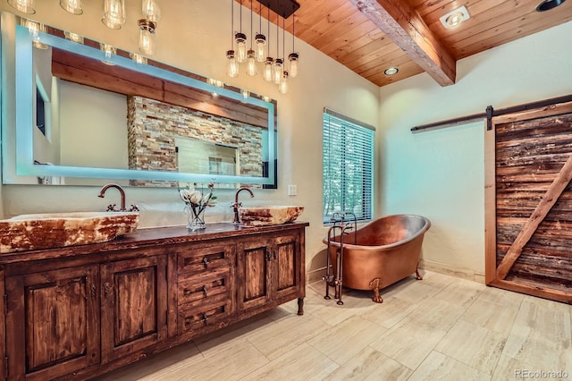 interior space with a barn door, light wood-style flooring, wooden ceiling, and beamed ceiling