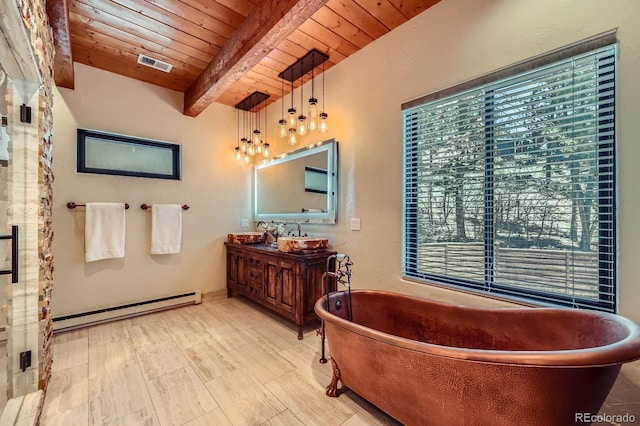 bathroom featuring visible vents, vanity, wooden ceiling, beamed ceiling, and a baseboard heating unit