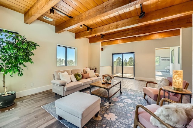 living room with visible vents, wood ceiling, and beamed ceiling
