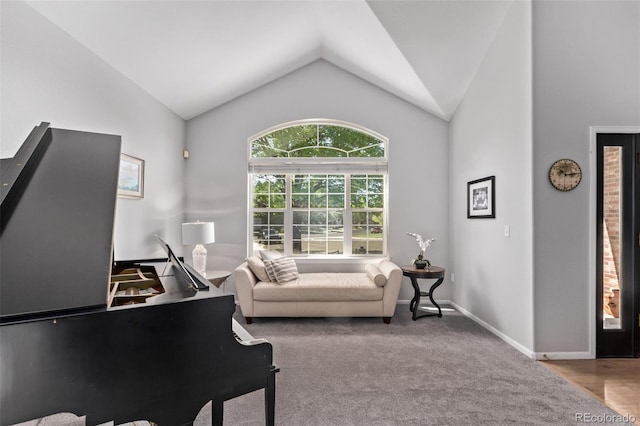 10345 Lions Heart, Lone Tree, CO 80124 - carpeted living area with lofted ceiling and baseboards