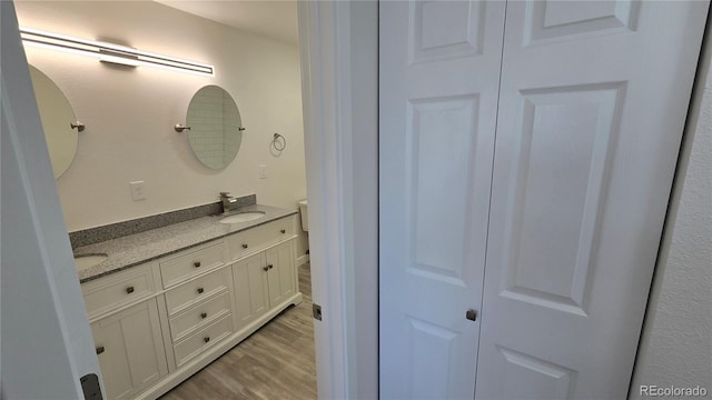 full bathroom featuring toilet, double vanity, wood finished floors, a closet, and a sink