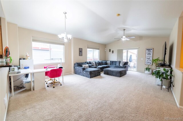 9844 Norfolk St, Commerce City, CO 80022 - carpeted living area with an office area, vaulted ceiling, a chandelier, and ceiling fan