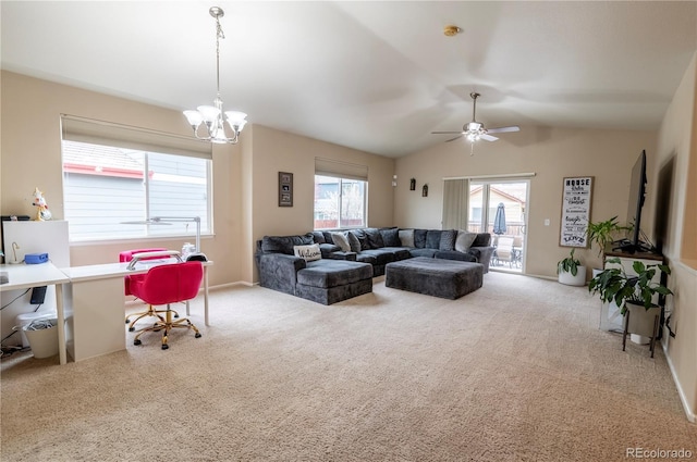 9844 Norfolk St, Commerce City, CO 80022 - living area with carpet floors, an office area, lofted ceiling, a chandelier, and a ceiling fan