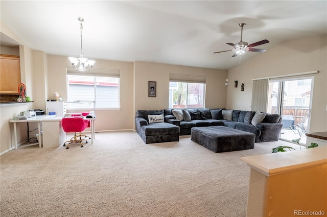 9844 Norfolk St, Commerce City, CO 80022 - living area featuring a chandelier, carpet, a desk, lofted ceiling, and baseboards