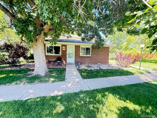 9255 E Lehigh Unit 213, Denver, CO 80237 - view of front of home featuring brick siding, a front yard, and a shingled roof