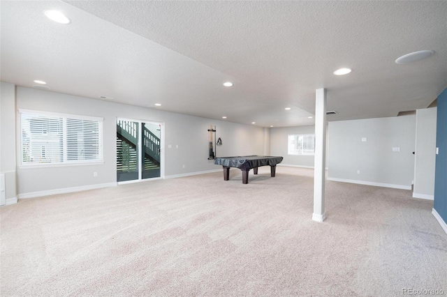 8230 Misty Moon Dr, Colorado Springs, CO 80924 - game room featuring light carpet, billiards, recessed lighting, baseboards, and a textured ceiling