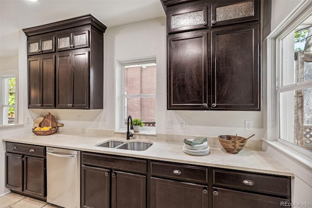 2738 W 38th Ave, Denver, CO 80211 - kitchen featuring a sink, stainless steel dishwasher, dark brown cabinets, and plenty of natural light