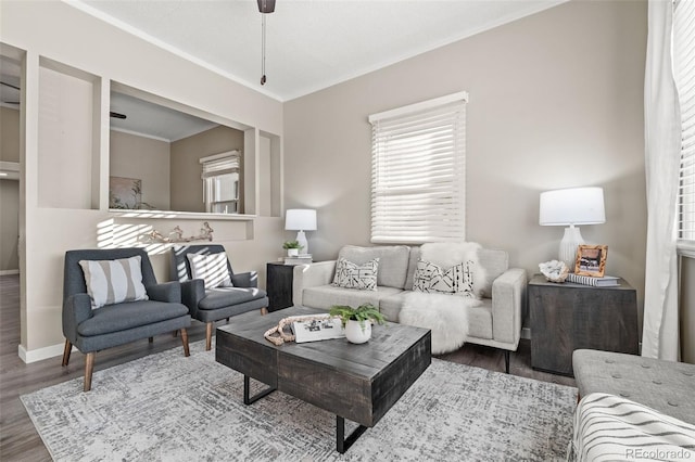 living room with hardwood / wood-style floors and ornamental molding