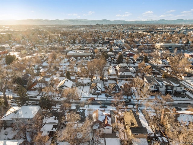 drone / aerial view featuring a mountain view