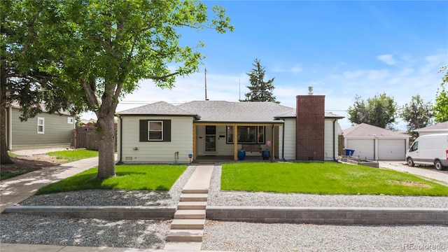 5369 S Sherman St, Littleton, CO 80121 - view of front facade featuring a detached garage, a chimney, and a porch