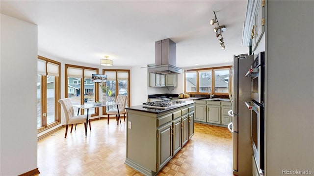 kitchen with appliances with stainless steel finishes, track lighting, island range hood, sink, and light parquet floors