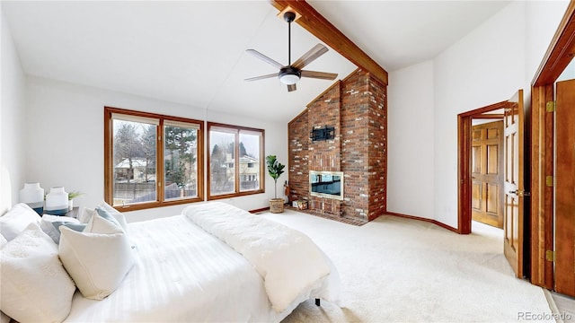 carpeted bedroom with ceiling fan, high vaulted ceiling, beamed ceiling, and a fireplace