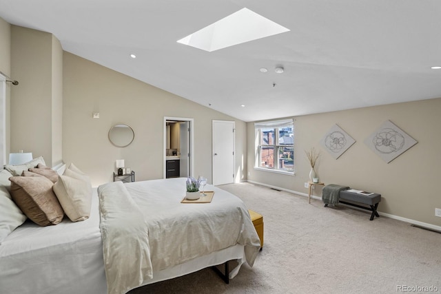 carpeted bedroom featuring lofted ceiling with skylight, recessed lighting, visible vents, and baseboards