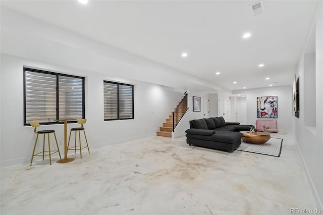 3709 Tejon St, Denver, CO 80211 - living room with stairway, recessed lighting, and concrete floors