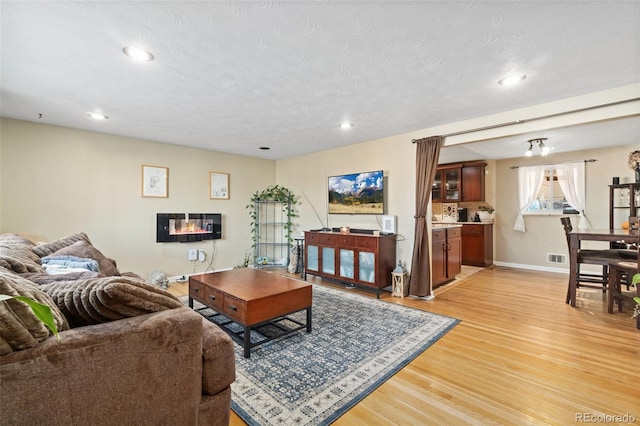 living room featuring light hardwood / wood-style floors and a textured ceiling