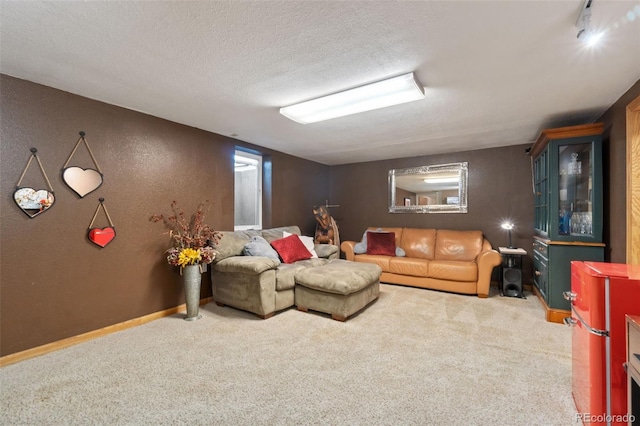 living room with carpet and a textured ceiling