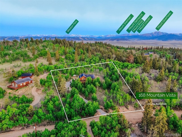 168 Mountain Vis, Como, CO 80432 - aerial view of property's location featuring property boundaries highlighted and a mountain backdrop