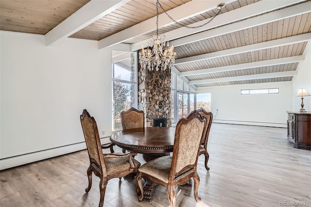 dining area featuring wooden ceiling, an inviting chandelier, baseboard heating, vaulted ceiling with beams, and light wood-type flooring