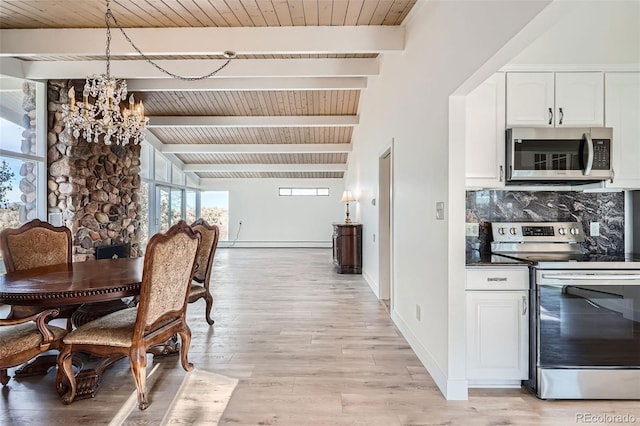 dining room with wood ceiling, baseboard heating, light hardwood / wood-style flooring, a notable chandelier, and beamed ceiling