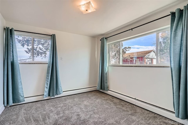 spare room with carpet flooring and baseboard heating