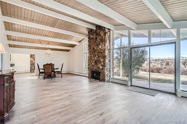 34 S Raleigh St, Denver, CO 80219 - living area featuring a chandelier, light wood finished floors, baseboard heating, and a fireplace