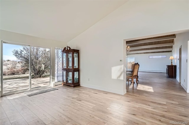 34 S Raleigh St, Denver, CO 80219 - unfurnished living room featuring baseboard heating, light wood-style floors, beam ceiling, and high vaulted ceiling