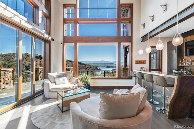 living room featuring a towering ceiling, hardwood / wood-style flooring, and a mountain view