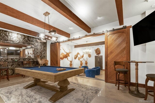5188 Csh 125, Granby, CO 80446 - recreation room featuring beam ceiling, pool table, and a barn door