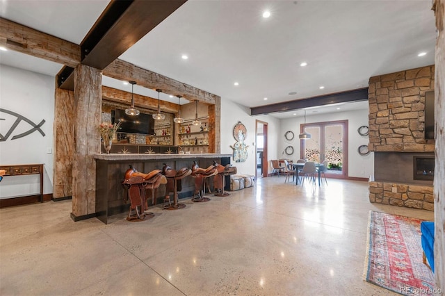 5188 Csh 125, Granby, CO 80446 - indoor dry bar with baseboards, recessed lighting, a fireplace, hanging light fixtures, and beam ceiling