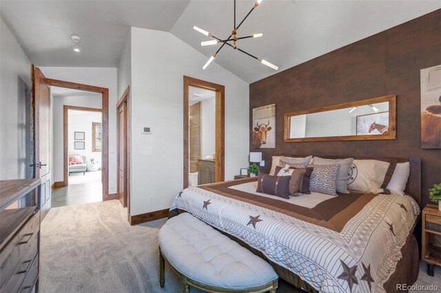 5188 Csh 125, Granby, CO 80446 - carpeted bedroom featuring a chandelier, lofted ceiling, ensuite bath, and baseboards