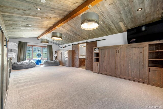 5188 Csh 125, Granby, CO 80446 - unfurnished bedroom featuring carpet, wooden ceiling, a barn door, and recessed lighting