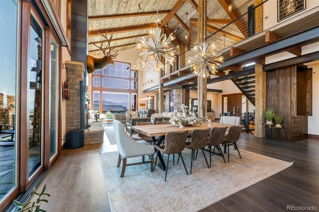 5188 Csh 125, Granby, CO 80446 - dining space featuring high vaulted ceiling, hardwood / wood-style floors, wood ceiling with exposed beams, and a chandelier