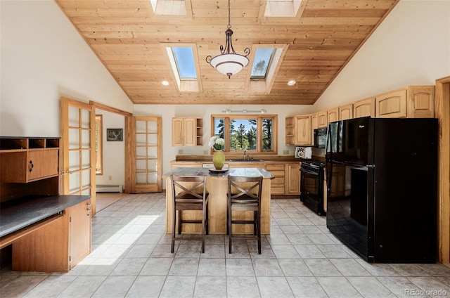 3581 Gap Rd, Golden, CO 80403 - kitchen featuring black appliances, a skylight, open shelves, light brown cabinetry, and wooden ceiling