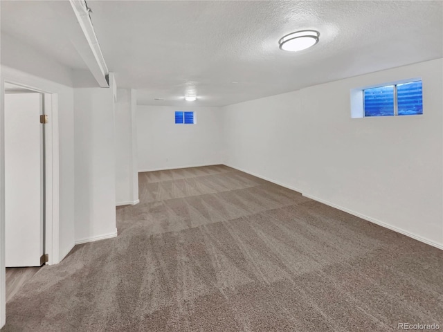 basement featuring carpet and a textured ceiling