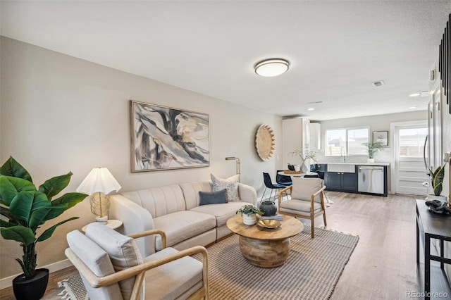 living room featuring sink and light hardwood / wood-style flooring