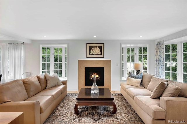 1502 Columbine Ave, Boulder, CO 80302 - living room with plenty of natural light, a premium fireplace, and recessed lighting