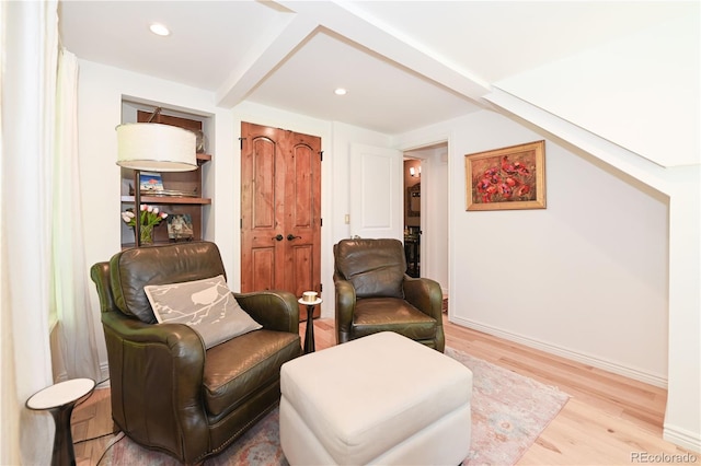 1502 Columbine Ave, Boulder, CO 80302 - living area with light wood finished floors, baseboards, recessed lighting, and beamed ceiling