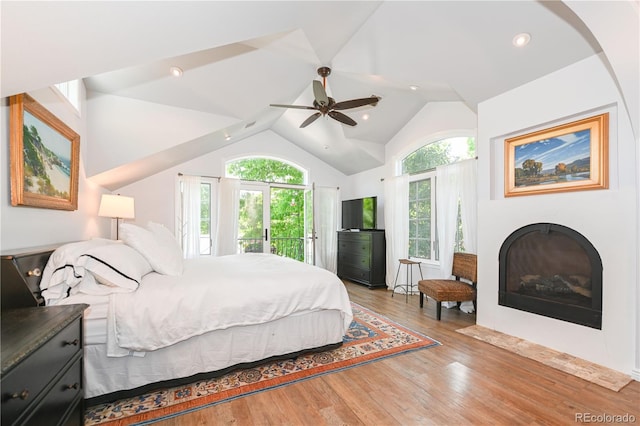 1502 Columbine Ave, Boulder, CO 80302 - bedroom with a fireplace, wood finished floors, ceiling fan, recessed lighting, and high vaulted ceiling
