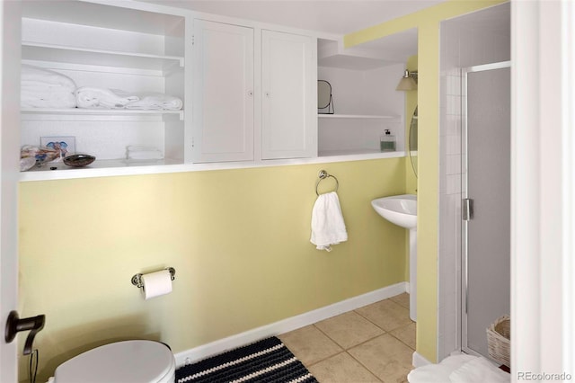 1502 Columbine Ave, Boulder, CO 80302 - bathroom featuring toilet, tile patterned flooring, a shower stall, and baseboards
