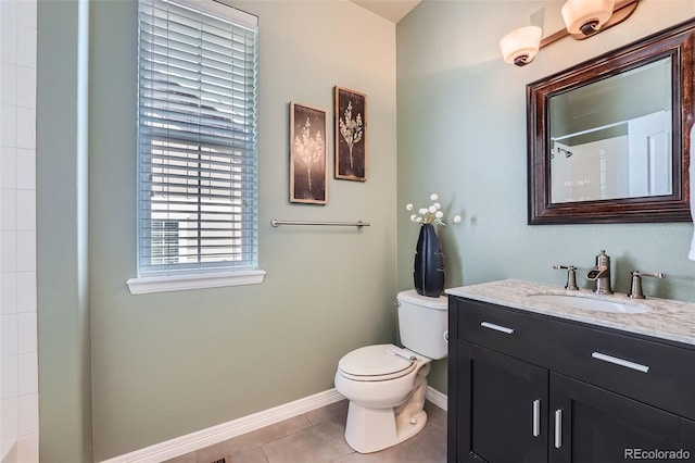 bathroom featuring walk in shower, baseboards, tile patterned floors, vanity, and toilet