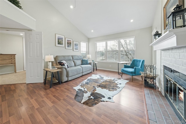 living room with wood-type flooring and high vaulted ceiling