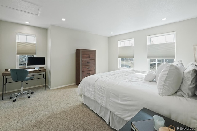 bedroom featuring light colored carpet