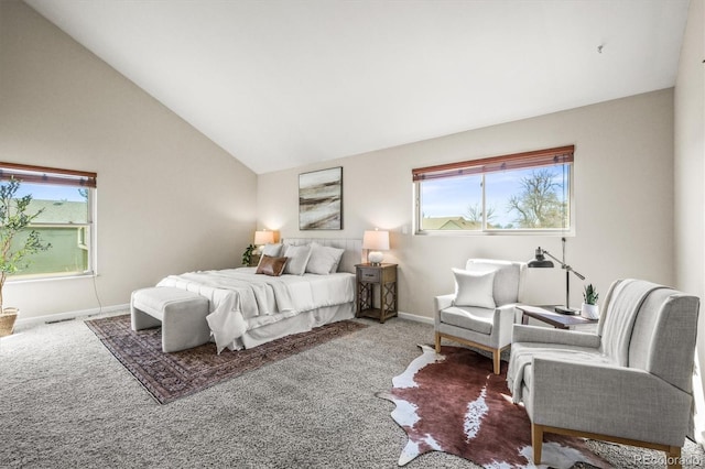 bedroom featuring high vaulted ceiling, carpet, and baseboards