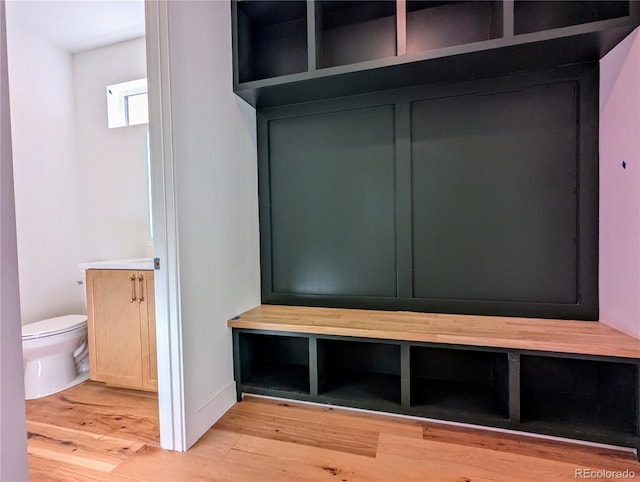 mudroom with light hardwood / wood-style flooring