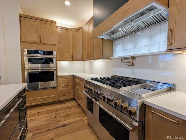 kitchen featuring appliances with stainless steel finishes, premium range hood, tasteful backsplash, and light hardwood / wood-style floors