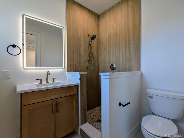 bathroom with toilet, a shower, and vanity