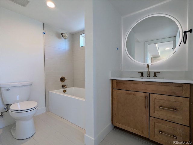 full bathroom featuring shower / bathing tub combination, vanity, toilet, and tile patterned floors