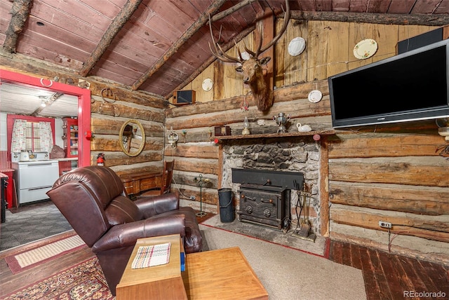 living room featuring rustic walls, vaulted ceiling with beams, and wooden ceiling